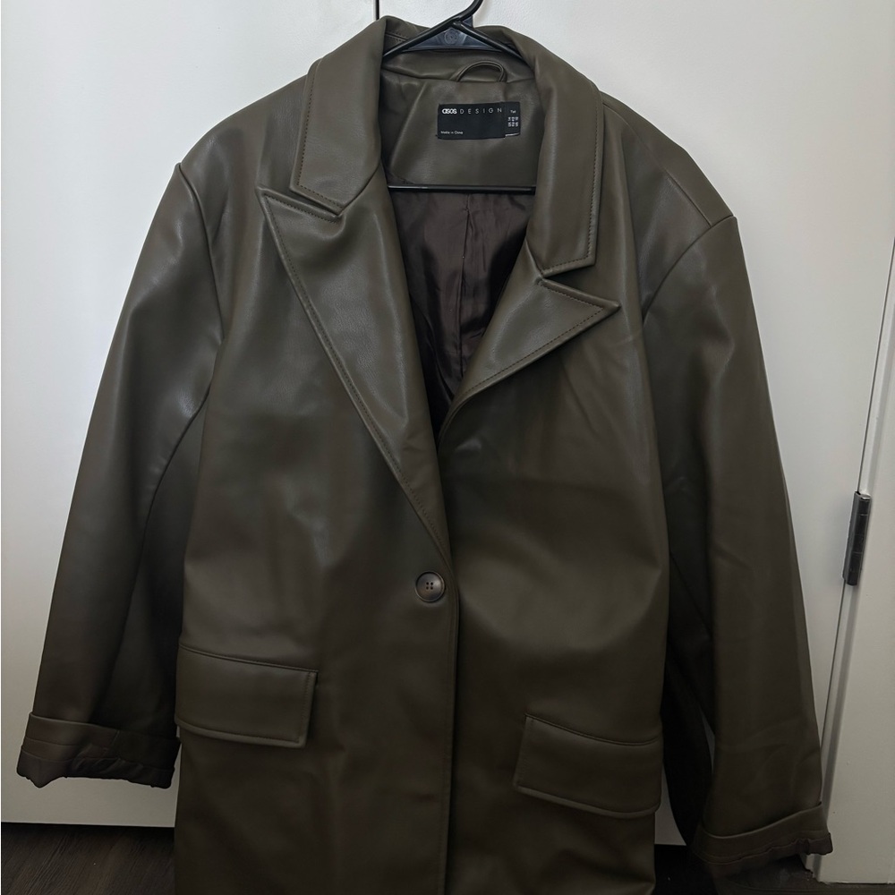 ASOS Olive Leather Jacket Classic Oversized